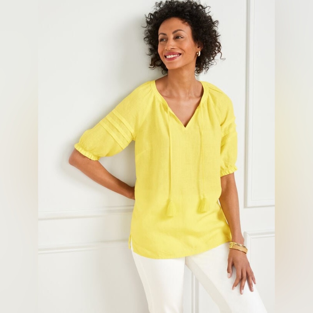 Talbots Yellow Linen Blouse Top Spring Summer Ready Women’s Size Medium Petite